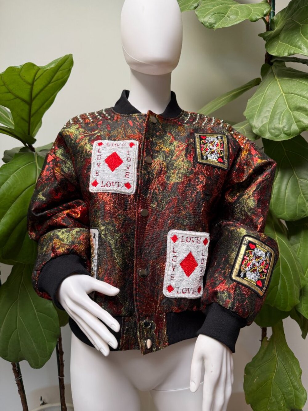 Akira Show Your Cards Metallic Beaded Embellished Brocade Bomber Jacket